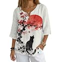 Women's V-Neck Tunic Top, Casual Polyester Linen Blouse with Decorative Buttons, Loose Fit Easy Care Everyday Wear