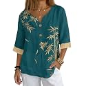 Women's V-Neck Tunic Top, Casual Polyester Linen Blouse with Decorative Buttons, Loose Fit Easy Care Everyday Wear