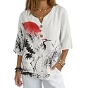 Women's V-Neck Tunic Top, Casual Polyester Linen Blouse with Decorative Buttons, Loose Fit Easy Care Everyday Wear