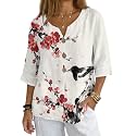 Women's V-Neck Tunic Top, Casual Polyester Linen Blouse with Decorative Buttons, Loose Fit Easy Care Everyday Wear