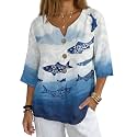 Women's V-Neck Tunic Top, Casual Polyester Linen Blouse with Decorative Buttons, Loose Fit Easy Care Everyday Wear