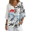 Women's V-Neck Tunic Top, Casual Polyester Linen Blouse with Decorative Buttons, Loose Fit Easy Care Everyday Wear