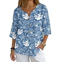 Women's V-Neck Tunic Top, Casual Polyester Linen Blouse with Decorative Buttons, Loose Fit Easy Care Everyday Wear