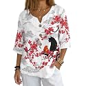 Women's V-Neck Tunic Top, Casual Polyester Linen Blouse with Decorative Buttons, Loose Fit Easy Care Everyday Wear