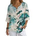 Women's V-Neck Tunic Top, Casual Polyester Linen Blouse with Decorative Buttons, Loose Fit Easy Care Everyday Wear