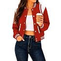 Women's Varsity Bomber Jacket Short Button Down with Pockets
