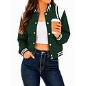 Women's Varsity Bomber Jacket Short Button Down with Pockets