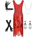 Women's Vintage 1920s Sequin Beaded Tassels Hem Flapper Dress w/Accessories Set