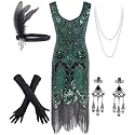 Women's Vintage 1920s Sequin Beaded Tassels Hem Flapper Dress w/Accessories Set