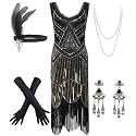 Women's Vintage 1920s Sequin Beaded Tassels Hem Flapper Dress w/Accessories Set