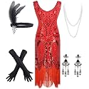 Women's Vintage 1920s Sequin Beaded Tassels Hem Flapper Dress w/Accessories Set