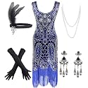 Women's Vintage 1920s Sequin Beaded Tassels Hem Flapper Dress w/Accessories Set