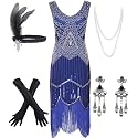 Women's Vintage 1920s Sequin Beaded Tassels Hem Flapper Dress w/Accessories Set