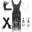 Women's Vintage 1920s Sequin Beaded Tassels Hem Flapper Dress w/Accessories Set