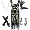Women's Vintage 1920s Sequin Beaded Tassels Hem Flapper Dress w/Accessories Set