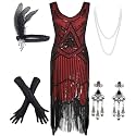 Women's Vintage 1920s Sequin Beaded Tassels Hem Flapper Dress w/Accessories Set
