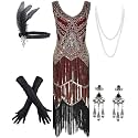 Women's Vintage 1920s Sequin Beaded Tassels Hem Flapper Dress w/Accessories Set