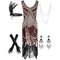 Women's Vintage 1920s Sequin Beaded Tassels Hem Flapper Dress w/Accessories Set
