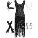 Women's Vintage 1920s Sequin Beaded Tassels Hem Flapper Dress w/Accessories Set