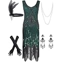 Women's Vintage 1920s Sequin Beaded Tassels Hem Flapper Dress w/Accessories Set