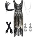 Women's Vintage 1920s Sequin Beaded Tassels Hem Flapper Dress w/Accessories Set