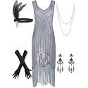 Women's Vintage 1920s Sequin Beaded Tassels Hem Flapper Dress w/Accessories Set