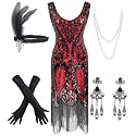 Women's Vintage 1920s Sequin Beaded Tassels Hem Flapper Dress w/Accessories Set