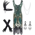 Women's Vintage 1920s Sequin Beaded Tassels Hem Flapper Dress w/Accessories Set