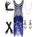 Women's Vintage 1920s Sequin Beaded Tassels Hem Flapper Dress w/Accessories Set