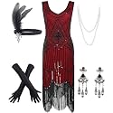 Women's Vintage 1920s Sequin Beaded Tassels Hem Flapper Dress w/Accessories Set