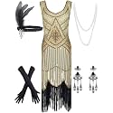 Women's Vintage 1920s Sequin Beaded Tassels Hem Flapper Dress w/Accessories Set