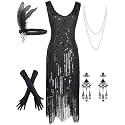 Women's Vintage 1920s Sequin Beaded Tassels Hem Flapper Dress w/Accessories Set