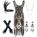 Women's Vintage 1920s Sequin Beaded Tassels Hem Flapper Dress w/Accessories Set
