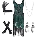 Women's Vintage 1920s Sequin Beaded Tassels Hem Flapper Dress w/Accessories Set