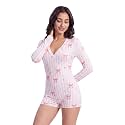 Women Christmas Shorts Romper Print Long Sleeve Deep V Neck Fitted Jumpsuit