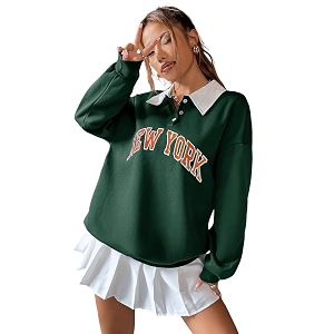 Women Collar Button Hoodie Sweatshirt Polycotton