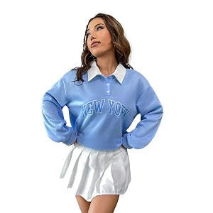 Women Collar Button Hoodie Sweatshirt Polycotton