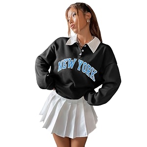 Women Collar Button Hoodie Sweatshirt Polycotton