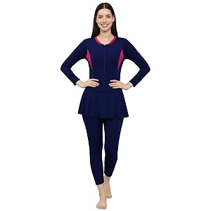 women color block full coverage one piece swimsuit with removable chest pads front zipper frock style design swimming costume