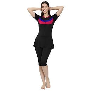 women color block knee length one piece swimsuit with removable chest pads front zipper frock style design swimming costume