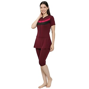women color block knee length one piece swimsuit with removable chest pads front zipper frock style design swimming costume
