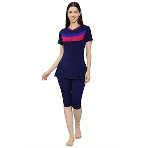 women color block knee length one piece swimsuit with removable chest pads front zipper frock style design swimming costume
