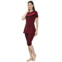 Women Color Block Knee Length One Piece Swimsuit with Removable Chest Pads Front Zipper Frock Style Design Swimming Costume