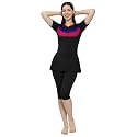 Women Color Block Knee Length One Piece Swimsuit with Removable Chest Pads Front Zipper Frock Style Design Swimming Costume