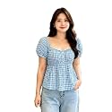 Women Cotton Gingham Checked Peplum Top Square