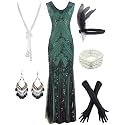 Women Evening Maxi Long Dress 1920s Sequin Mermaid Hem Wedding Prom Gown Costume w/ 20s Gatsby Accessories Set