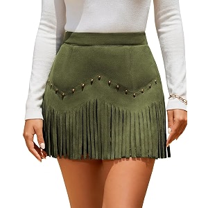 Women Faux Suede Fringe Mini Skirt Western