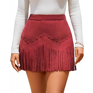 Women Faux Suede Fringe Mini Skirt Western