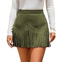 Women Faux Suede Fringe Mini Skirt Western