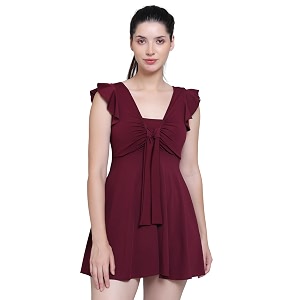 women front tie knot ruched frock style padded one piece swimming costume